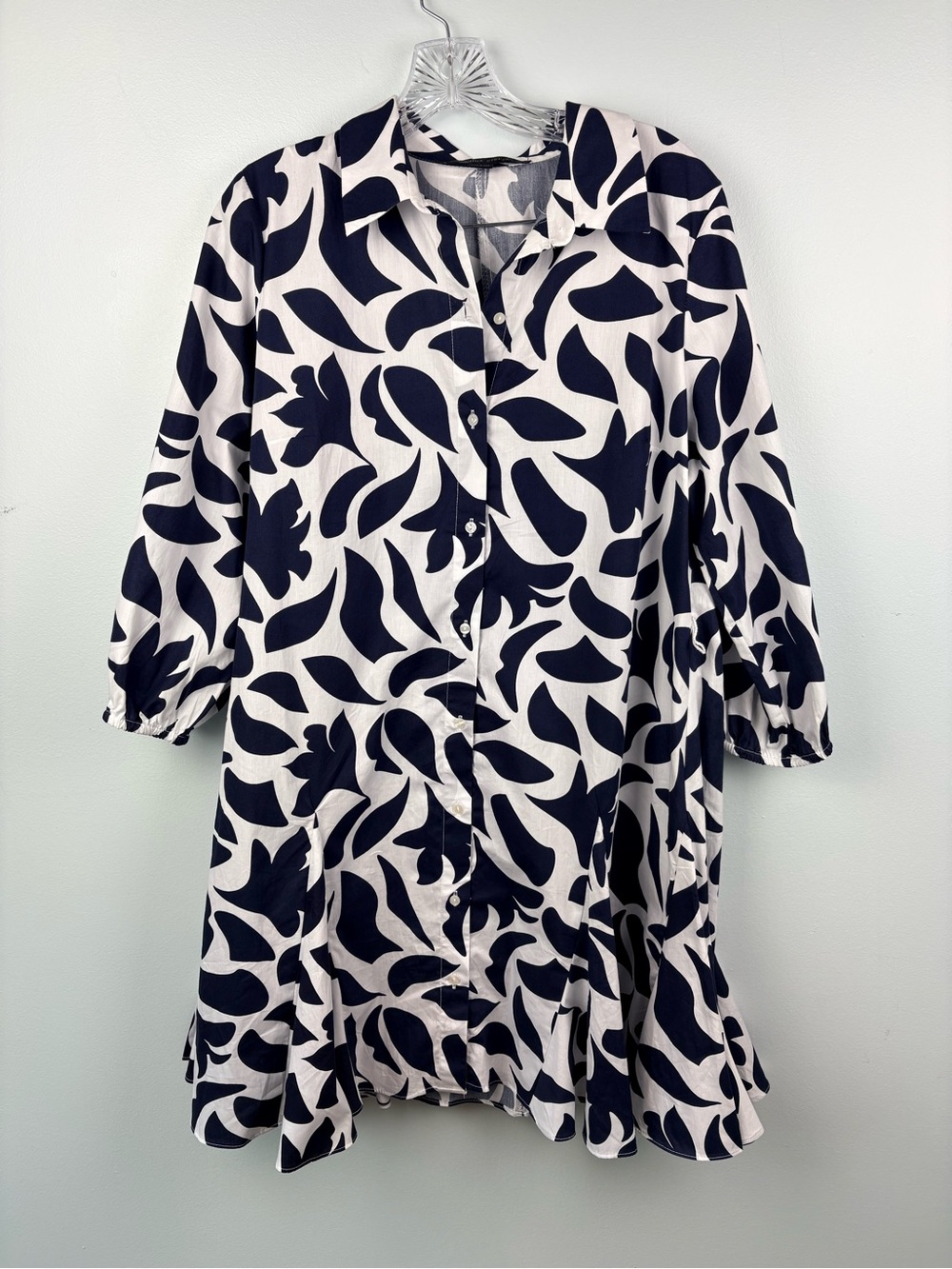 Cynthia Steffe Floral Collared Shirt Dress Blue & White Abstract Long Sleeve L